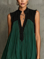 Green Pleated Chiffon Lace-trimmed Color-blocked Mini Dress