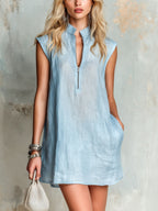 Light Blue Zip-up Stand Collar Sleeveless A-line Loose Mini Dress