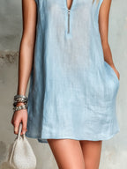 Light Blue Zip-up Stand Collar Sleeveless A-line Loose Mini Dress
