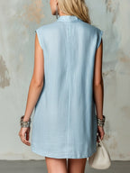 Light Blue Zip-up Stand Collar Sleeveless A-line Loose Mini Dress