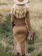 Vintage Western Lapel Zipper Tassel Midi Dress(Without belt)