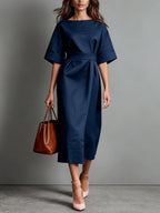 Linen Boat Neck Tie Loose Dress