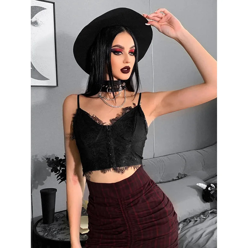 Gothic Punk Sexy Fairy Grunge Vneck Dark Lace Crop Top