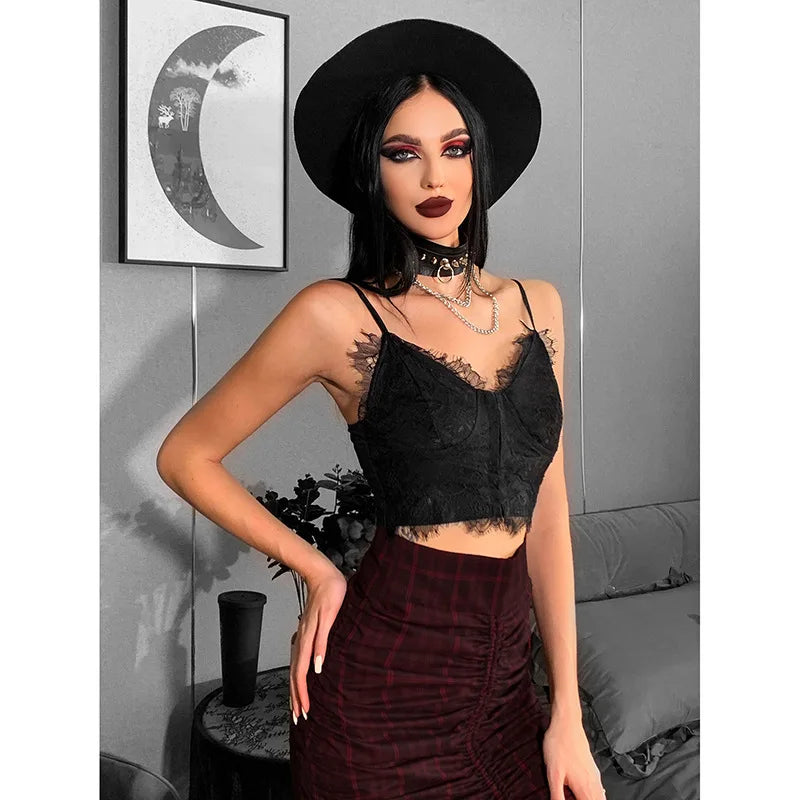 Gothic Punk Sexy Fairy Grunge Vneck Dark Lace Crop Top
