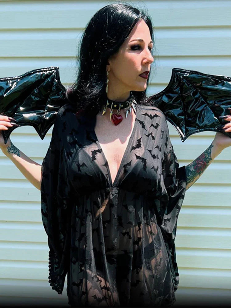 Grunge Aesthetic See Through Black Goth Lace EGirls Chiffon Graphic Bat Night Club Dress