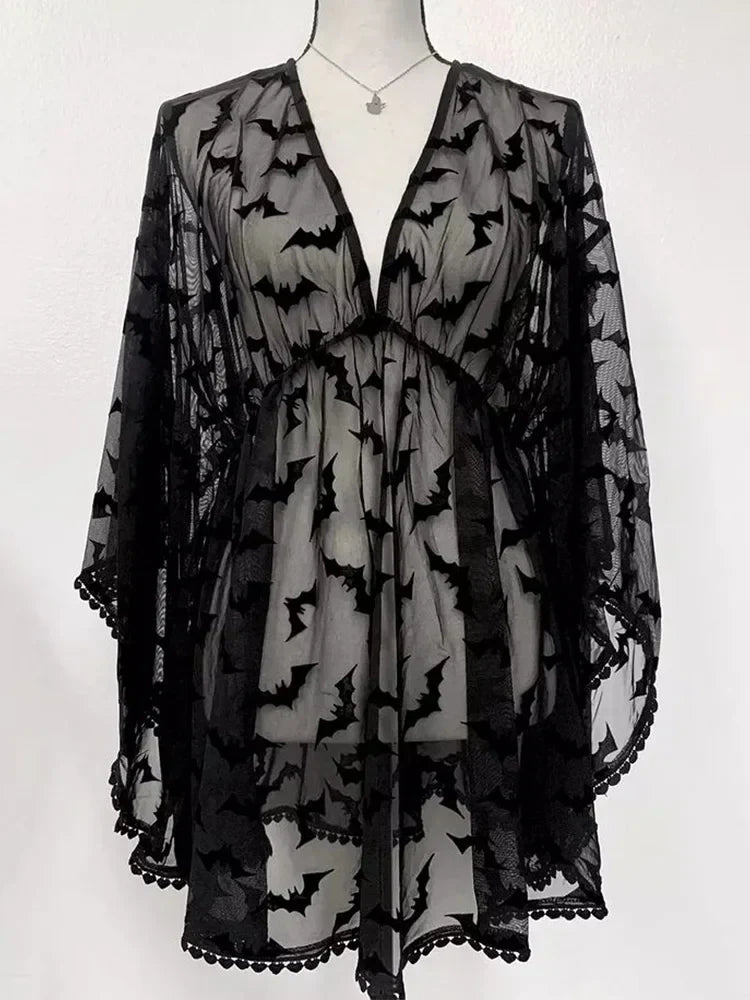 Grunge Aesthetic See Through Black Goth Lace EGirls Chiffon Graphic Bat Night Club Dress