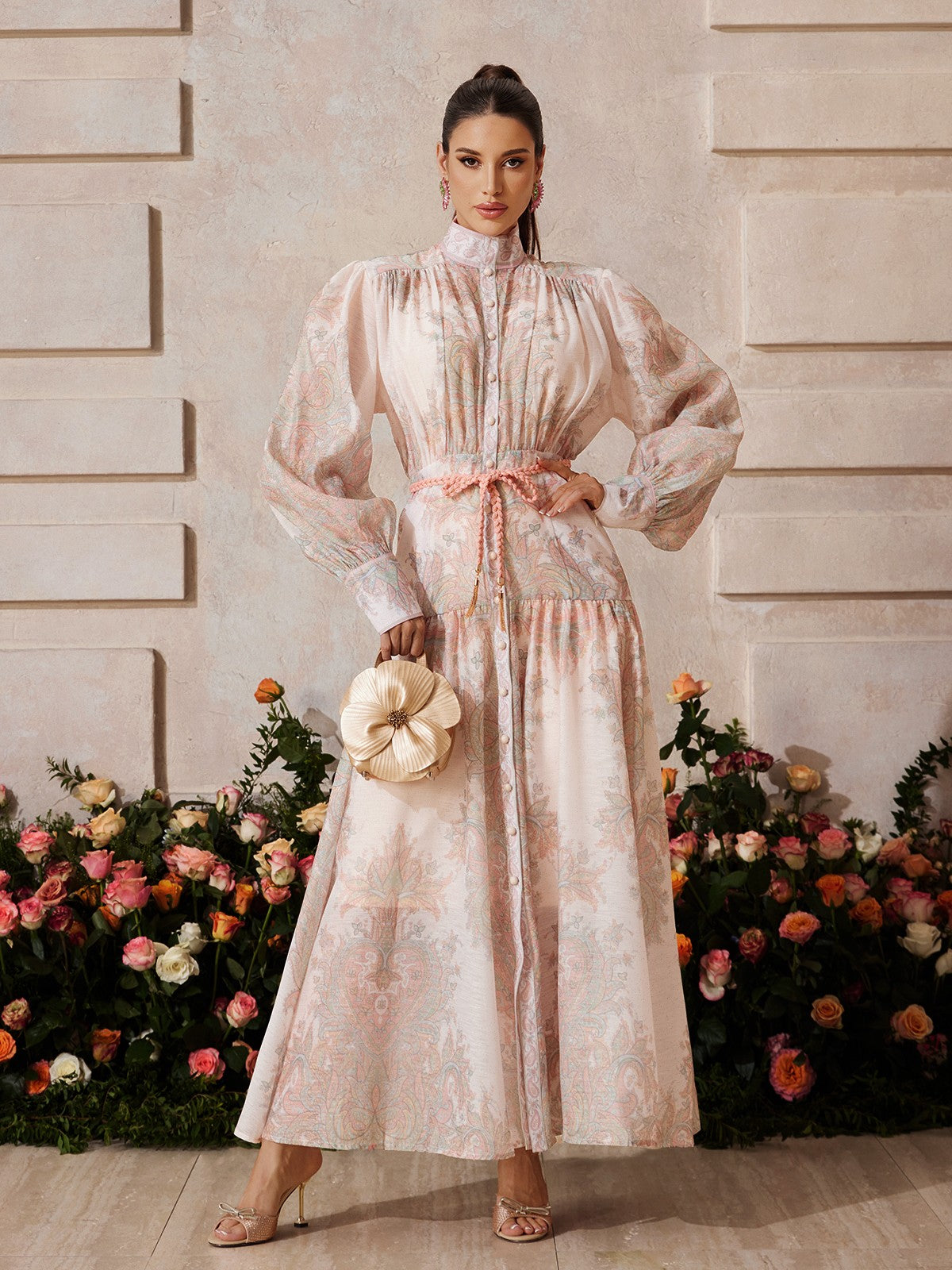 High Neck Button Up Floral Maxi Dress