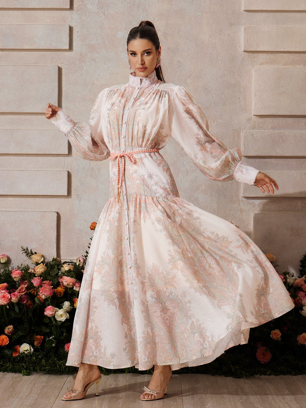 High Neck Button Up Floral Maxi Dress
