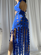 CERA Appliqué Fringe Maxi Dress in Blue