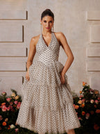 Halterneck Dot Tiered Midi Dress