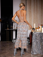 Halterneck Rhinestone Fringe Midi Dress