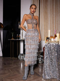 Halterneck Rhinestone Fringe Midi Dress