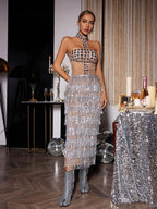 Halterneck Rhinestone Fringe Midi Dress