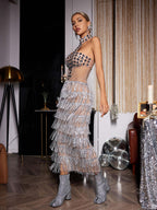 Halterneck Rhinestone Fringe Midi Dress