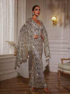 Draped Sleeve Sequin Maxi Dress