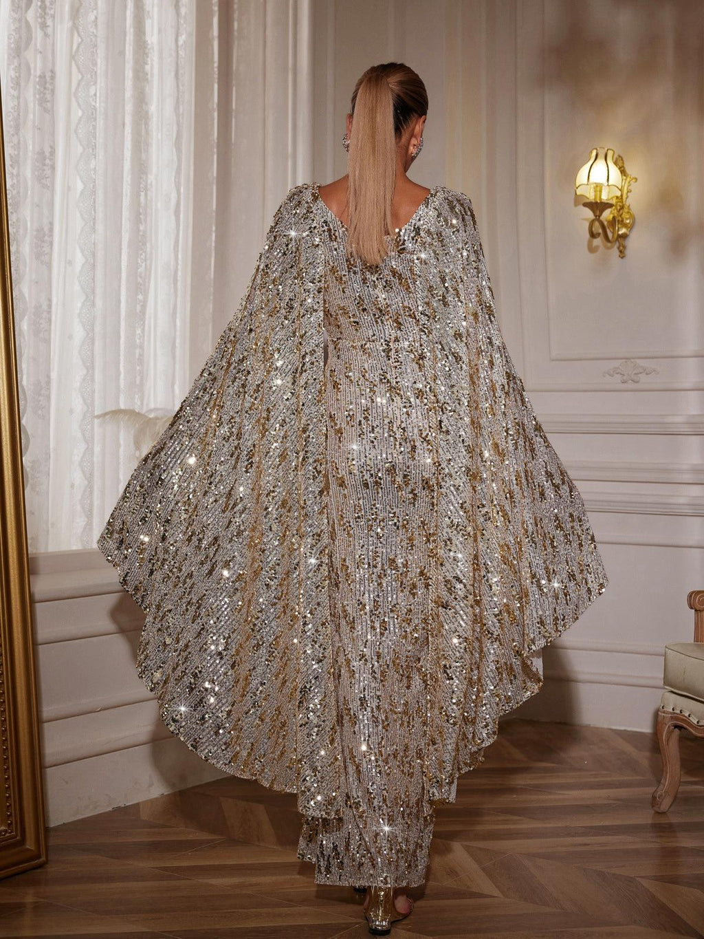 Draped Sleeve Sequin Maxi Dress