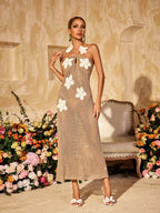 Halterneck Cutout Flower Midi Dress