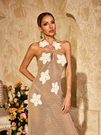 Halterneck Cutout Flower Midi Dress