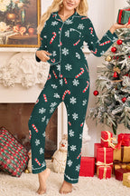 Snowflake Candy Print Casual Long-sleeved Shirt and Elastic Waist Pants Set