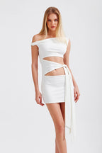 Solid Asymmetrical Neck Cutout Tie Fitted Bodycon Mini Dress