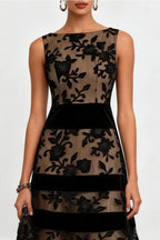 Rosmie Flower Mesh Lace Colorblock Boat Neck Sleeveless A-Line Midi Dress