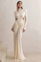 Elegant Solid Turtleneck Long Sleeve Ruched Bodycon Dress