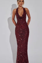Sequin Halter Deep V Slim Bodycon Sequin Dress