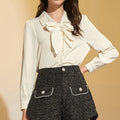 Ivory Satin Tie-Neck Long Sleeve Shirt