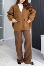 Solid Color Versatile V-Neck Pocket Sweater Jacket