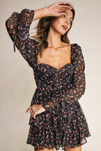 Black Floral Print Lace-Up Long Sleeve Tiered Mini Dress