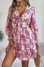 Floral Print V-neck Lace-up Long-sleeve Elastic Waist Mini Dress