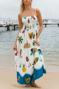 Summer Printed Square Neck Spaghetti Strap Pleated Waist Casual Maxi Dress