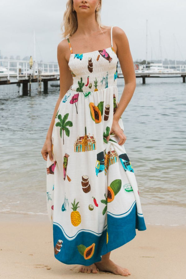 Summer Printed Square Neck Spaghetti Strap Pleated Waist Casual Maxi Dress