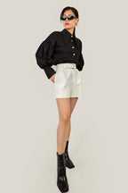 Black Pointed Collar Button Detail Lantern Sleeve Shirt