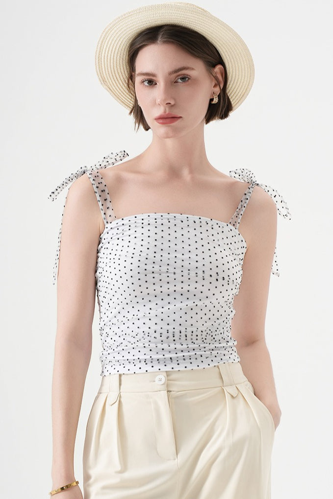 Polka Dot Halter Cropped Ruched Tie Front Tank Top