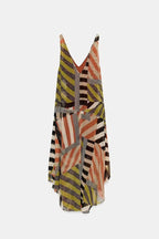 Khloe Patchwork Striped Color Block Print Wide Straps Asymmetric Hem Drape Midi Dress