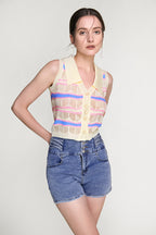Ivory Striped Button-Up Knitted Collar Vest