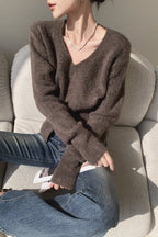 Brown VNeck Soft Knit Top