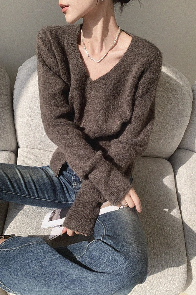 Brown VNeck Soft Knit Top