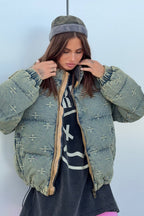 Vintage Washed Cross Embroidery Puffer Jacket