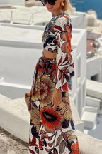 Vacay Mode Hollow Lace Unique Print Bell Sleeve Crop Top and Tie-up Maxi Skirt Set