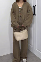 Solid Color V-neck Tie Long-sleeved Loose Knit Cardigan and Elastic Waist Casual Straight Leg Pants Set