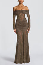Solid Color Patchwork Lace Off-shoulder Long-sleeved Pleated Slim-fit Maxi Dress