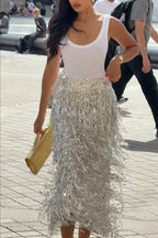 Evening Charm Layered Sequined Tassels High Rise Back Zipper Slit Midi Skirt