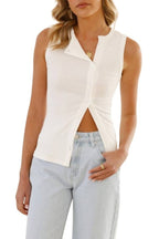 Ribbed Knit Collared Sleeveless Button-Front Split Top