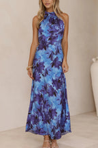 Floral Print Sleeveless Halter Neck Tie Holiday Maxi Dress
