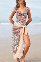 Printed V-neck Ruffled Stretch One-piece Swimsuit and Elegant Tulle Scarf Set