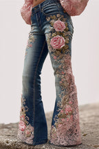 Floral Printed High-waisted Pocket Casual Flared Jeans