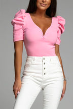 V Neck Bubble Sleeve Solid Slim Knitting Top