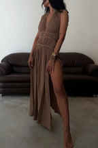 Chic slit braided lace-up cotton and linen dress